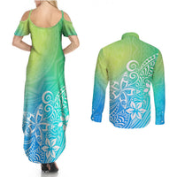 Polynesia Couples Matching Summer Maxi Dress and Long Sleeve Button Shirts Plumeria Blue Gradient Curves LT7 - Polynesian Pride