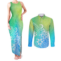 Polynesia Couples Matching Tank Maxi Dress and Long Sleeve Button Shirts Plumeria Blue Gradient Curves LT7 Blue Green - Polynesian Pride