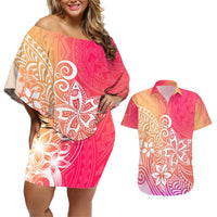 Polynesia Couples Matching Off Shoulder Short Dress and Hawaiian Shirt Plumeria Pink Gradient Curves LT7 Pink - Polynesian Pride