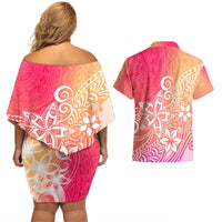 Polynesia Couples Matching Off Shoulder Short Dress and Hawaiian Shirt Plumeria Pink Gradient Curves LT7 - Polynesian Pride