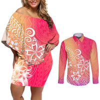 Polynesia Couples Matching Off Shoulder Short Dress and Long Sleeve Button Shirts Plumeria Pink Gradient Curves LT7 Pink - Polynesian Pride