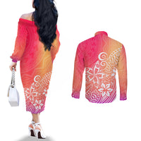 Polynesia Couples Matching Off The Shoulder Long Sleeve Dress and Long Sleeve Button Shirts Plumeria Pink Gradient Curves LT7 - Polynesian Pride