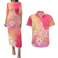 Polynesia Couples Matching Puletasi Dress and Hawaiian Shirt Plumeria Pink Gradient Curves LT7 Pink - Polynesian Pride