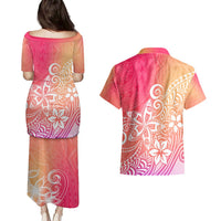 Polynesia Couples Matching Puletasi Dress and Hawaiian Shirt Plumeria Pink Gradient Curves LT7 - Polynesian Pride