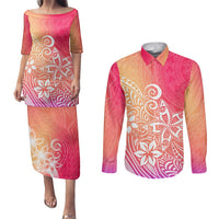 Polynesia Couples Matching Puletasi Dress and Long Sleeve Button Shirts Plumeria Pink Gradient Curves LT7 Pink - Polynesian Pride