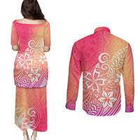Polynesia Couples Matching Puletasi Dress and Long Sleeve Button Shirts Plumeria Pink Gradient Curves LT7 - Polynesian Pride