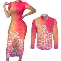 Polynesia Couples Matching Short Sleeve Bodycon Dress and Long Sleeve Button Shirts Plumeria Pink Gradient Curves LT7 Pink - Polynesian Pride