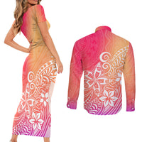Polynesia Couples Matching Short Sleeve Bodycon Dress and Long Sleeve Button Shirts Plumeria Pink Gradient Curves LT7 - Polynesian Pride