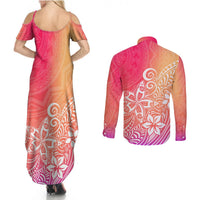 Polynesia Couples Matching Summer Maxi Dress and Long Sleeve Button Shirts Plumeria Pink Gradient Curves LT7 - Polynesian Pride