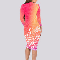 Polynesia Long Sleeve Bodycon Dress Plumeria Pink Gradient Curves LT7 - Polynesian Pride