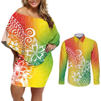 Polynesia Couples Matching Off Shoulder Short Dress and Long Sleeve Button Shirts Plumeria Reggae Curves LT7 Reggae - Polynesian Pride