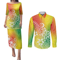 Polynesia Couples Matching Puletasi Dress and Long Sleeve Button Shirts Plumeria Reggae Curves LT7 Reggae - Polynesian Pride