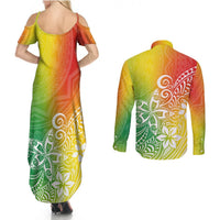 Polynesia Couples Matching Summer Maxi Dress and Long Sleeve Button Shirts Plumeria Reggae Curves LT7 - Polynesian Pride