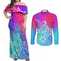 Polynesia Couples Matching Off Shoulder Maxi Dress and Long Sleeve Button Shirts Plumeria Galaxy Gradient Curves LT7 Galaxy - Polynesian Pride