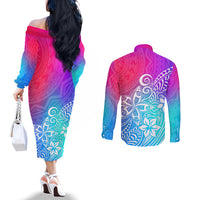 Polynesia Couples Matching Off The Shoulder Long Sleeve Dress and Long Sleeve Button Shirts Plumeria Galaxy Gradient Curves LT7 - Polynesian Pride