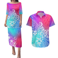 Polynesia Couples Matching Puletasi Dress and Hawaiian Shirt Plumeria Galaxy Gradient Curves LT7 Galaxy - Polynesian Pride