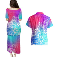 Polynesia Couples Matching Puletasi Dress and Hawaiian Shirt Plumeria Galaxy Gradient Curves LT7 - Polynesian Pride