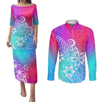 Polynesia Couples Matching Puletasi Dress and Long Sleeve Button Shirts Plumeria Galaxy Gradient Curves LT7 Galaxy - Polynesian Pride