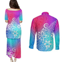 Polynesia Couples Matching Puletasi Dress and Long Sleeve Button Shirts Plumeria Galaxy Gradient Curves LT7 - Polynesian Pride