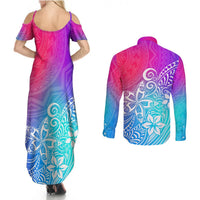 Polynesia Couples Matching Summer Maxi Dress and Long Sleeve Button Shirts Plumeria Galaxy Gradient Curves LT7 - Polynesian Pride