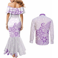Polynesia Couples Matching Mermaid Dress and Long Sleeve Button Shirts Plumeria Lavender Curves LT7 - Polynesian Pride