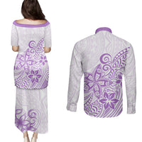 Polynesia Couples Matching Puletasi Dress and Long Sleeve Button Shirts Plumeria Lavender Curves LT7 - Polynesian Pride