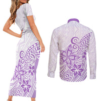 Polynesia Couples Matching Short Sleeve Bodycon Dress and Long Sleeve Button Shirts Plumeria Lavender Curves LT7 - Polynesian Pride