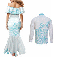 Polynesia Couples Matching Mermaid Dress and Long Sleeve Button Shirts Plumeria Turquoise Curves LT7 - Polynesian Pride