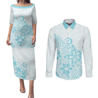Polynesia Couples Matching Puletasi Dress and Long Sleeve Button Shirts Plumeria Turquoise Curves LT7 Turquoise - Polynesian Pride