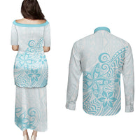 Polynesia Couples Matching Puletasi Dress and Long Sleeve Button Shirts Plumeria Turquoise Curves LT7 - Polynesian Pride