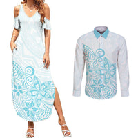 Polynesia Couples Matching Summer Maxi Dress and Long Sleeve Button Shirts Plumeria Turquoise Curves LT7 Turquoise - Polynesian Pride