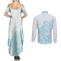 Polynesia Couples Matching Summer Maxi Dress and Long Sleeve Button Shirts Plumeria Turquoise Curves LT7 - Polynesian Pride