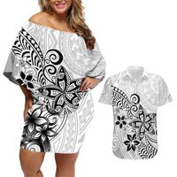 Polynesia Couples Matching Off Shoulder Short Dress and Hawaiian Shirt Plumeria White Curves LT7 White - Polynesian Pride