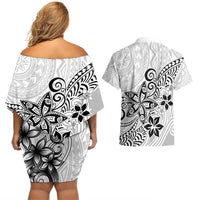 Polynesia Couples Matching Off Shoulder Short Dress and Hawaiian Shirt Plumeria White Curves LT7 - Polynesian Pride