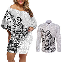 Polynesia Couples Matching Off Shoulder Short Dress and Long Sleeve Button Shirts Plumeria White Curves LT7 White - Polynesian Pride