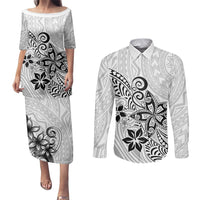 Polynesia Couples Matching Puletasi Dress and Long Sleeve Button Shirts Plumeria White Curves LT7 White - Polynesian Pride