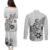 Polynesia Couples Matching Puletasi Dress and Long Sleeve Button Shirts Plumeria White Curves LT7 - Polynesian Pride