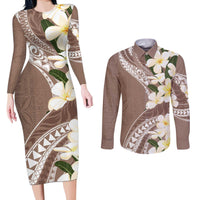 Aloha Hawaii Festive Couples Matching Long Sleeve Bodycon Dress and Long Sleeve Button Shirt Frangipani Lace Classic - Beige