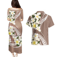 Aloha Hawaii Festive Couples Matching Puletasi and Hawaiian Shirt Frangipani Lace Classic - Beige