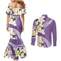 Aloha Hawaii Festive Couples Matching Mermaid Dress and Long Sleeve Button Shirt Frangipani Lace Classic - Lavender