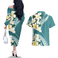 Aloha Hawaii Festive Couples Matching Off The Shoulder Long Sleeve Dress and Hawaiian Shirt Frangipani Lace Classic - Teal