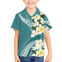 Aloha Hawaii Festive Family Matching Off Shoulder Short Dress and Hawaiian Shirt Frangipani Lace Classic - Teal LT7 Son's Shirt Teal - Polynesian Pride