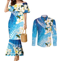 Aloha Hawaii Festive Couples Matching Mermaid Dress and Long Sleeve Button Shirt Frangipani Lace Classic - Oceanic