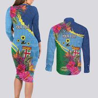 Personalized Malampa Fiji Day Together We Grow Couples Matching Long Sleeve Bodycon Dress and Long Sleeve Button Shirt Special Tapa Mix - Polynesian Pride