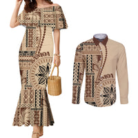 Samoa Siapo Motif Couples Matching Mermaid Dress and Long Sleeve Button Shirt Classic Style LT7 Beige - Polynesian Pride