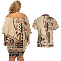 Samoa Siapo Motif Couples Matching Off Shoulder Short Dress and Hawaiian Shirt Classic Style LT7 - Polynesian Pride