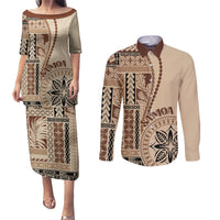 Samoa Siapo Motif Couples Matching Puletasi Dress and Long Sleeve Button Shirt Classic Style LT7 Beige - Polynesian Pride