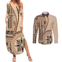 Samoa Siapo Motif Couples Matching Summer Maxi Dress and Long Sleeve Button Shirt Classic Style LT7 Beige - Polynesian Pride