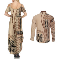 Samoa Siapo Motif Couples Matching Summer Maxi Dress and Long Sleeve Button Shirt Classic Style LT7 - Polynesian Pride