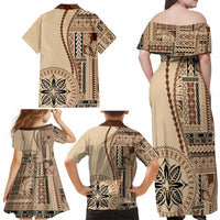 Samoa Siapo Motif Family Matching Off Shoulder Maxi Dress and Hawaiian Shirt Classic Style LT7 - Polynesian Pride